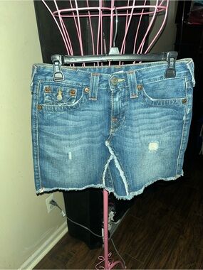 Denim Mini Skirt with Raw Hem - Blue